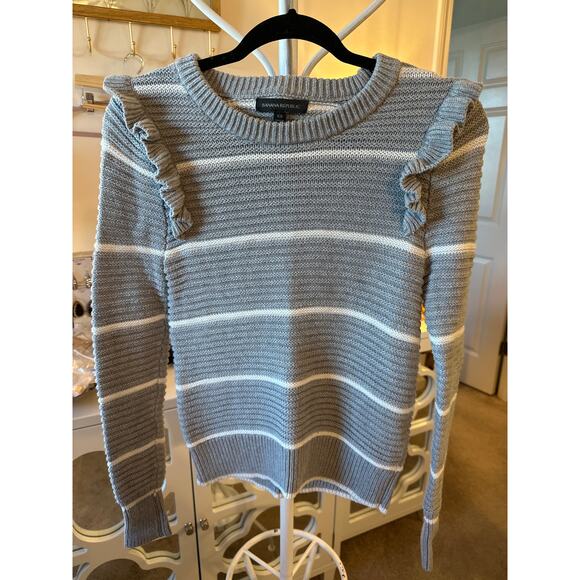 Banana Republic Ruffle & Stripe Knit Sweater in Gray/White - Picture 1 of 3